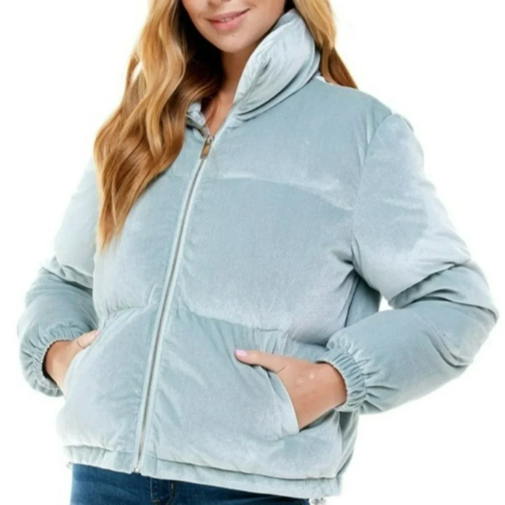 TCEC Blue Skies Velvet Puffer Coat Dusty Blue Size Large NWT - Picture 3 of 5